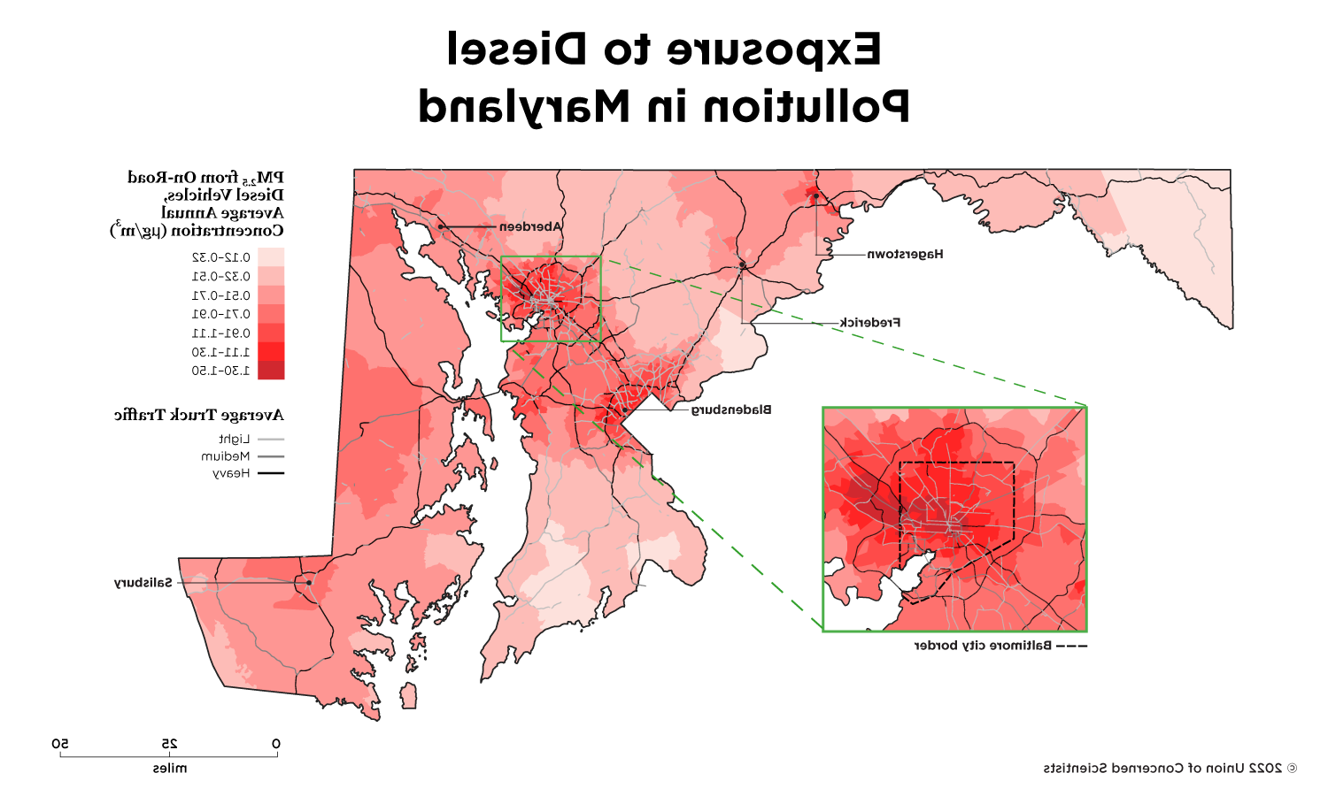 map of Maryland showing exposure to diesel particulate pollution 