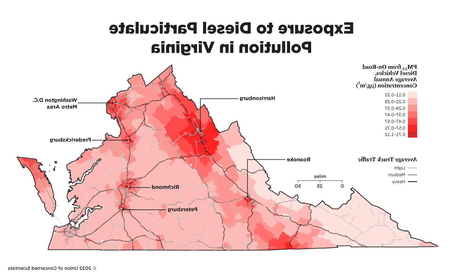 map of Virginia showing exposure to diesel particulate pollution 